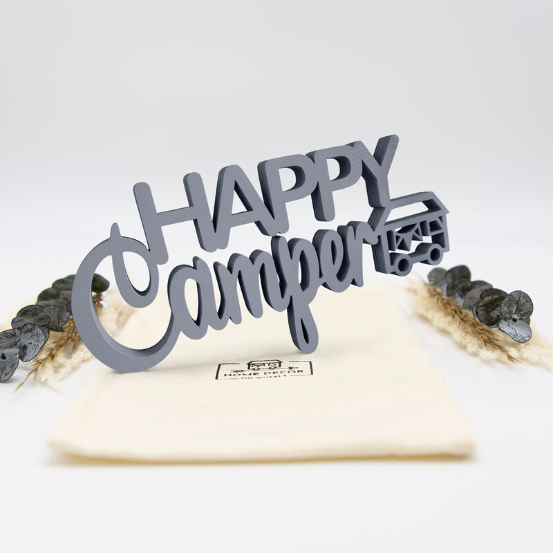 Schriftzug Happy Camper grau