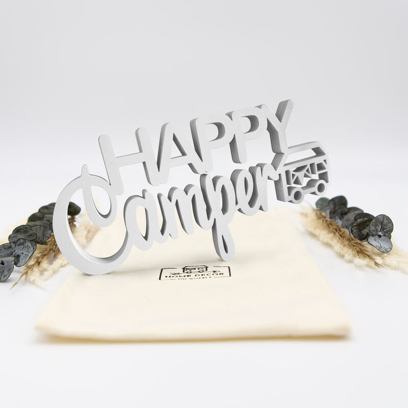 Schriftzug Happy Camper weiß